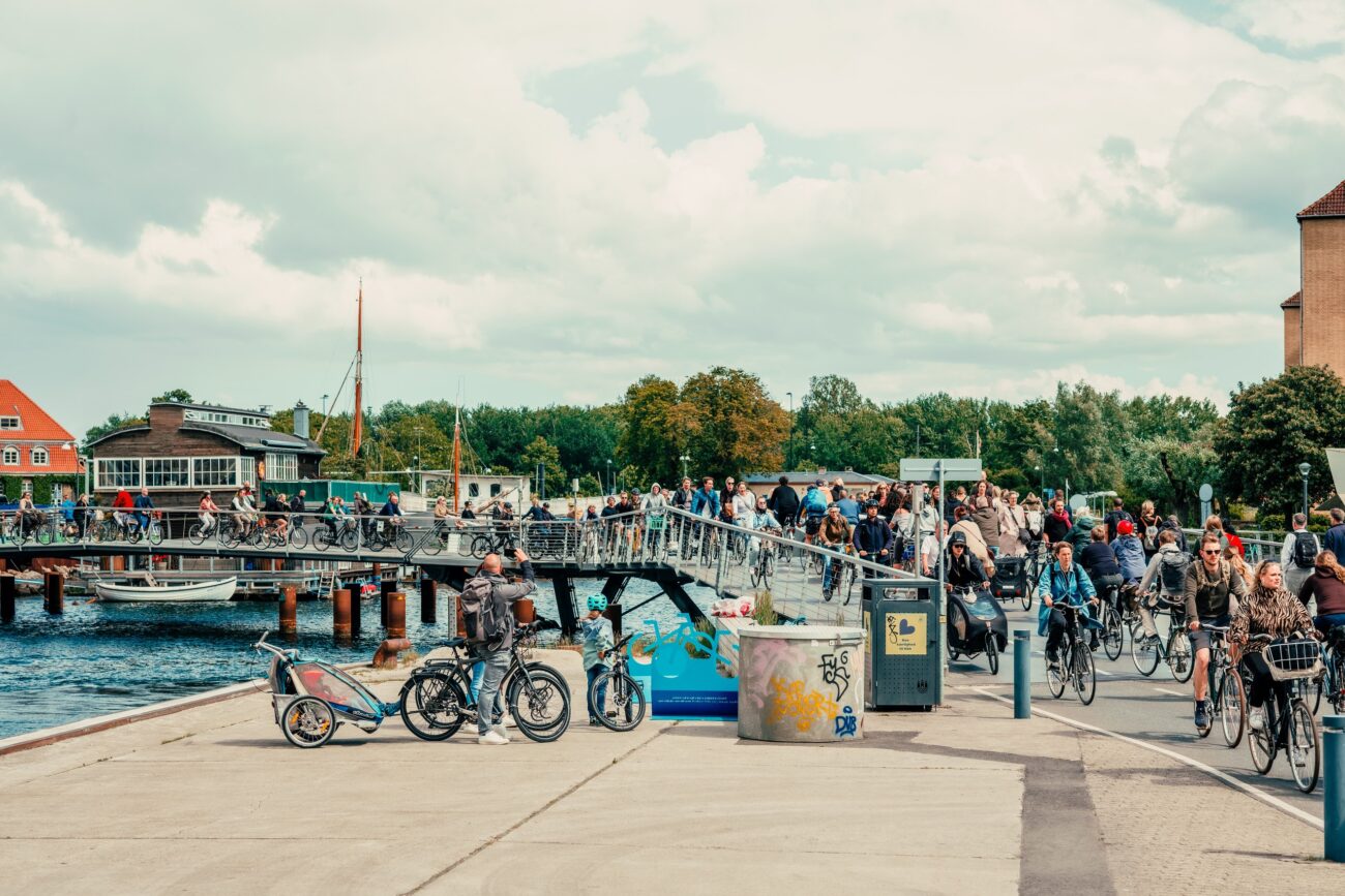 Cyclists crossing a harbour bridge in Copenhagen